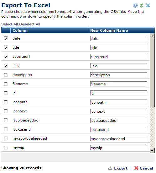 Export to Excel dialog