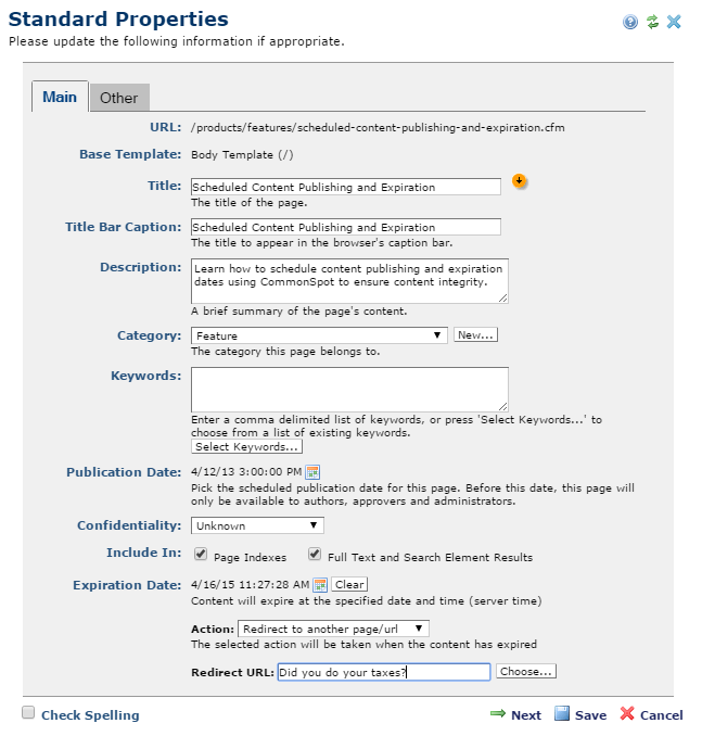 Standard Properties Expire and Redirect