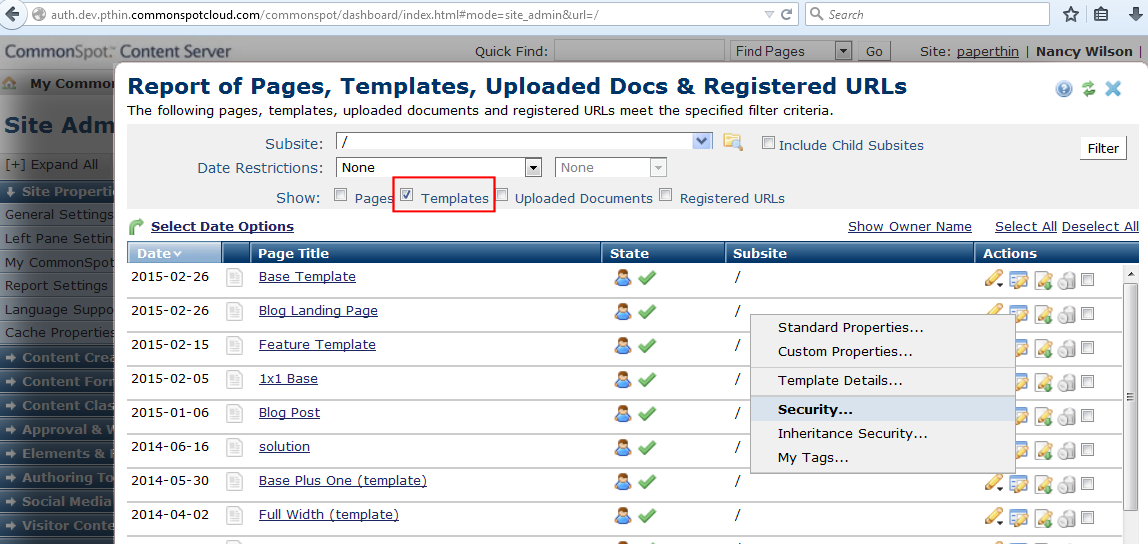 Report of Templates